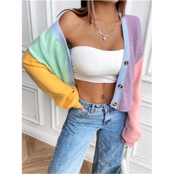 Women’s Colorful Cropped V-Neck Cardigan 70s Style Fall Knit Sweater Coat - Picture 6 of 7